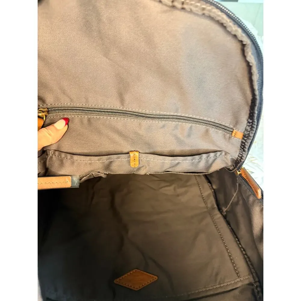 NWT Fossil Estate Navy Blue Canvas Brown Leather Classic Vintage Retro Backpack